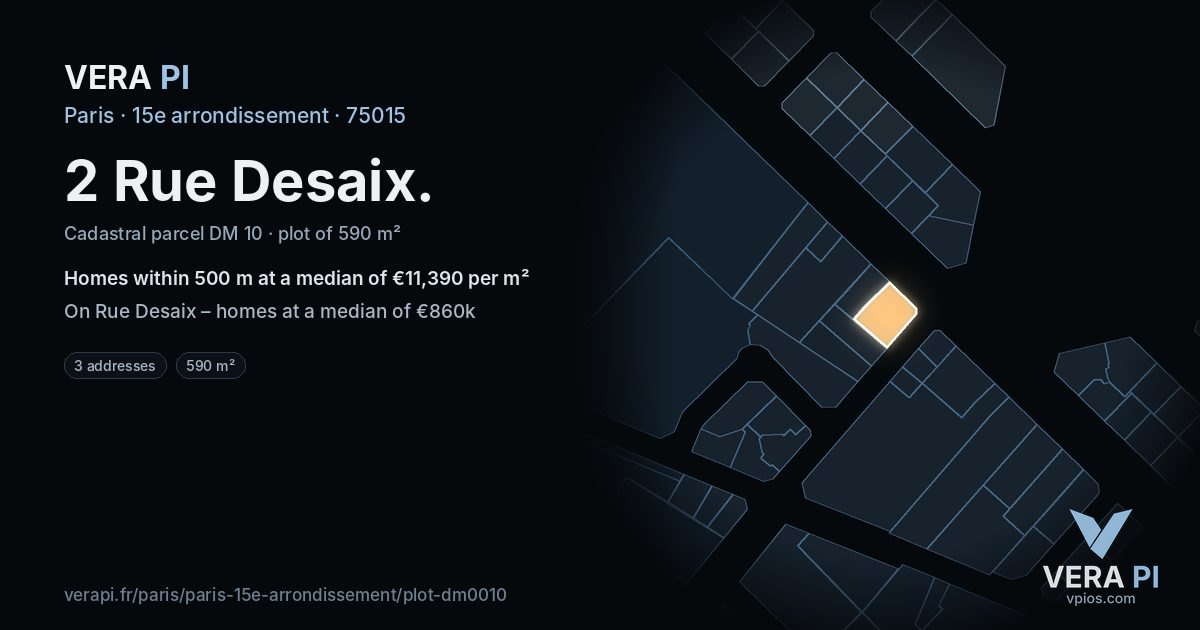 2 Rue Desaix, 15e arrondissement at night – the plot lit, the parcels around coloured by the prices near them