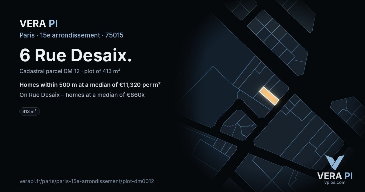 6 Rue Desaix, 15e arrondissement at night – the plot lit, the parcels around coloured by the prices near them