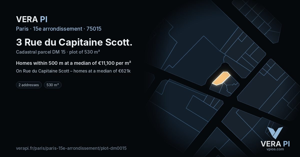 3 Rue du Capitaine Scott, 15e arrondissement at night – the plot lit, the parcels around coloured by the prices near them