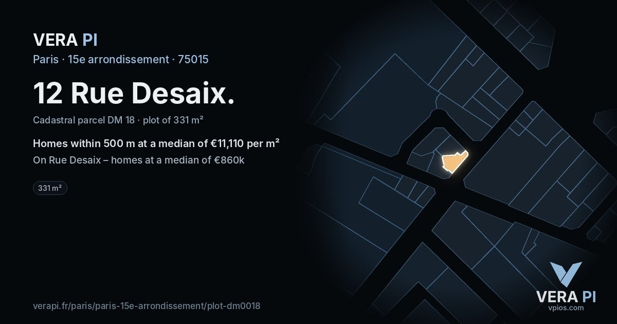 12 Rue Desaix, 15e arrondissement at night – the plot lit, the parcels around coloured by the prices near them