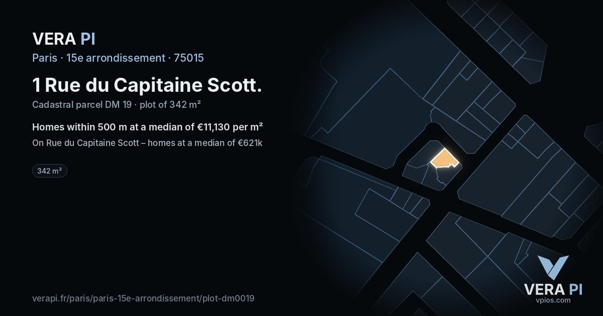 1 Rue du Capitaine Scott, 15e arrondissement at night – the plot lit, the parcels around coloured by the prices near them