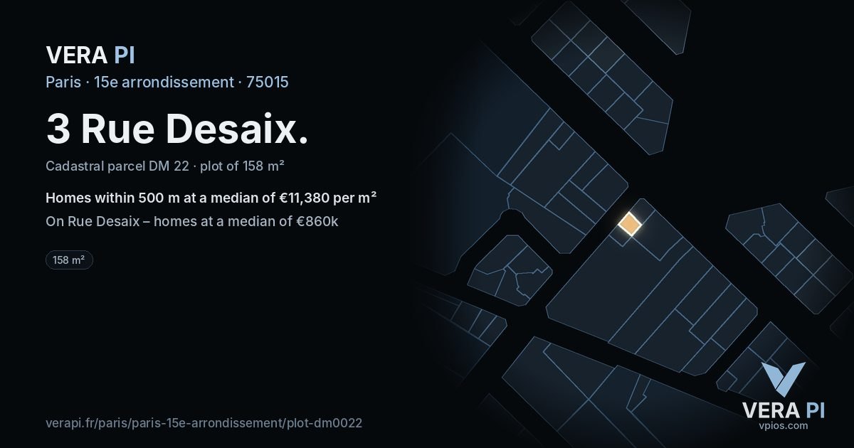 3 Rue Desaix, 15e arrondissement at night – the plot lit, the parcels around coloured by the prices near them