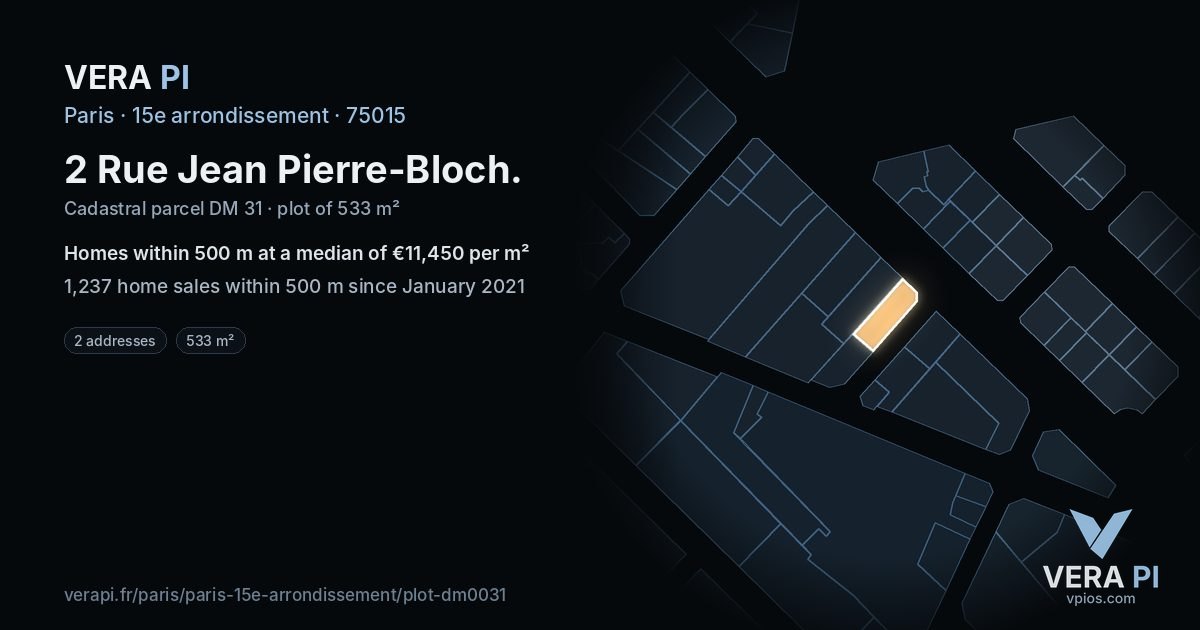 2 Rue Jean Pierre-Bloch, 15e arrondissement at night – the plot lit, the parcels around coloured by the prices near them