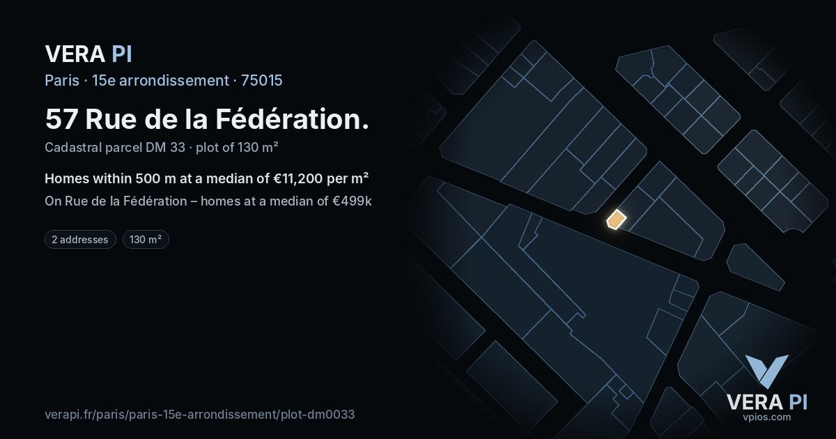 57 Rue de la Fédération, 15e arrondissement at night – the plot lit, the parcels around coloured by the prices near them