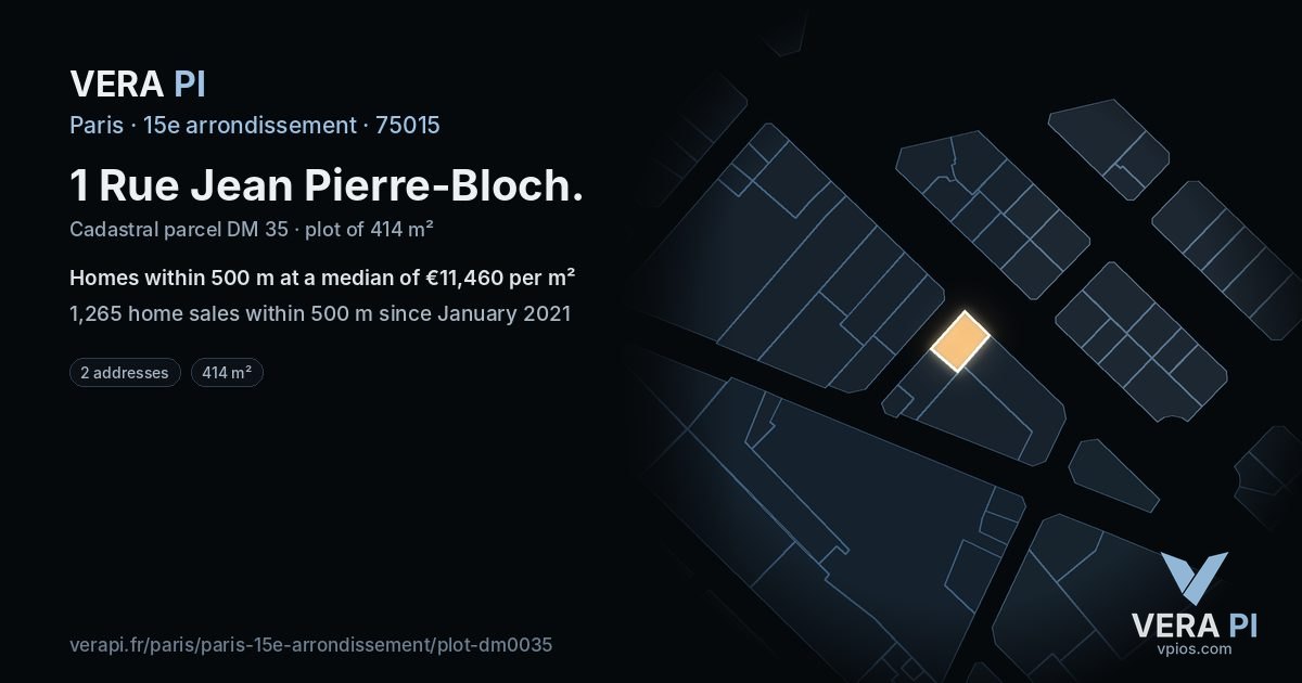 1 Rue Jean Pierre-Bloch, 15e arrondissement at night – the plot lit, the parcels around coloured by the prices near them