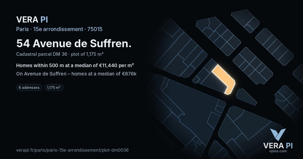 54 Avenue de Suffren, 15e arrondissement at night – the plot lit, the parcels around coloured by the prices near them
