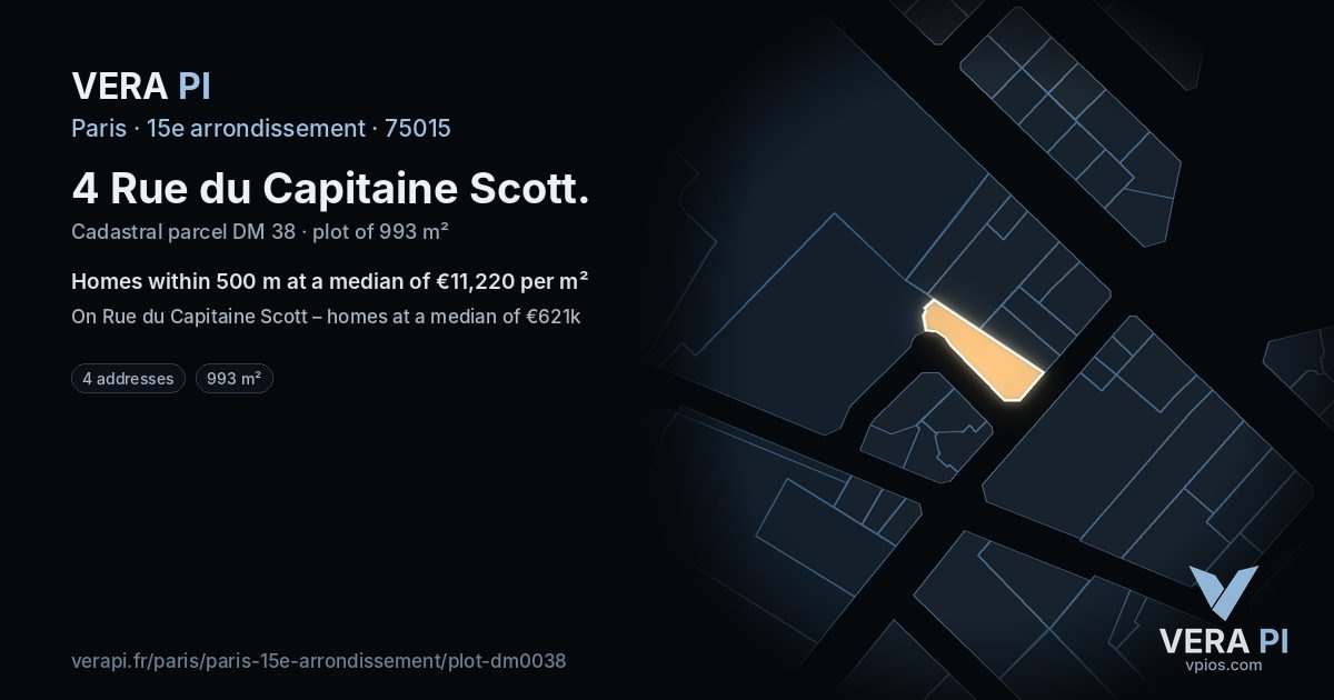4 Rue du Capitaine Scott, 15e arrondissement at night – the plot lit, the parcels around coloured by the prices near them