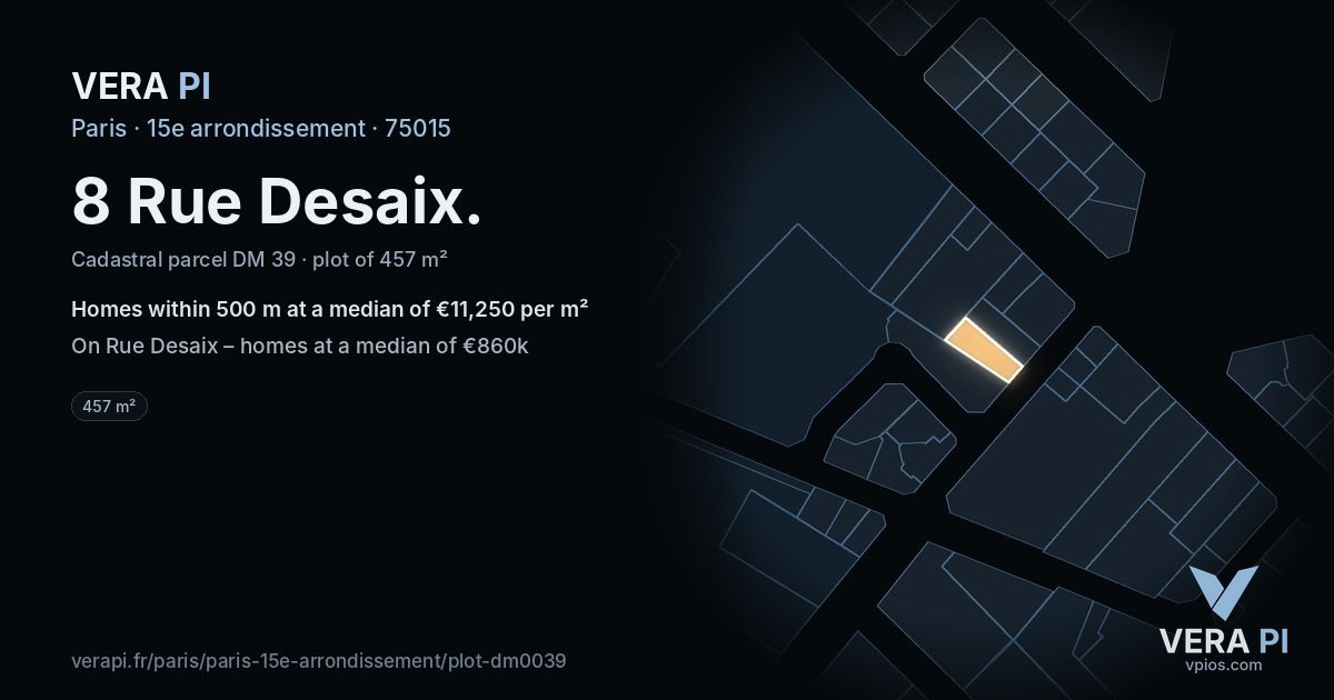 8 Rue Desaix, 15e arrondissement at night – the plot lit, the parcels around coloured by the prices near them