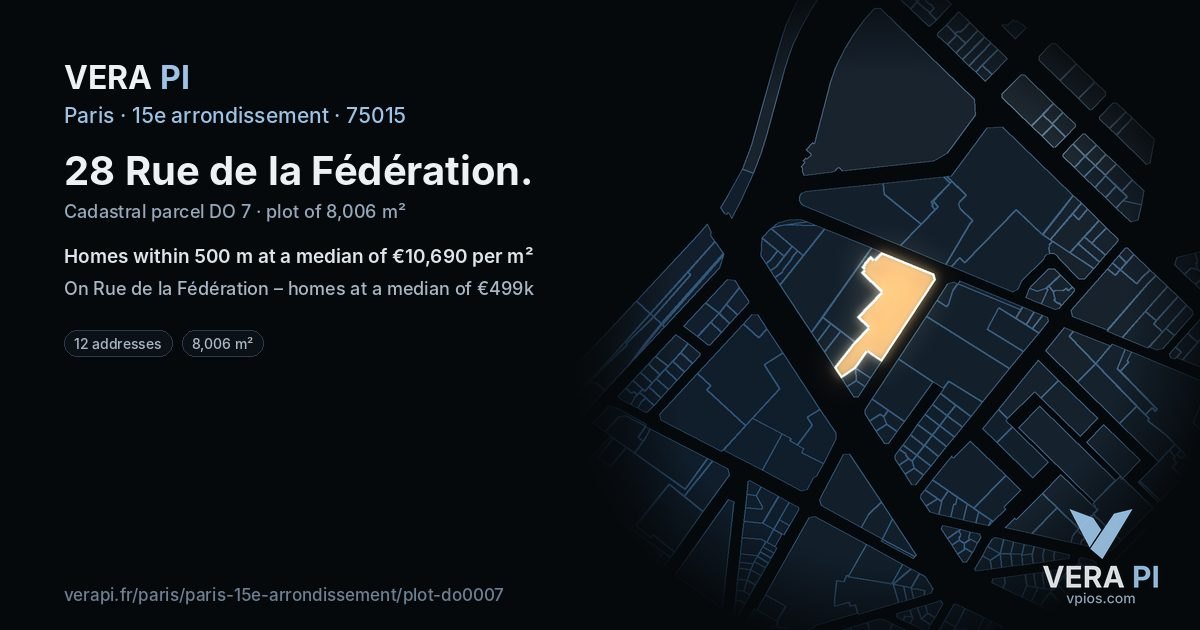 28 Rue de la Fédération, 15e arrondissement at night – the plot lit, the parcels around coloured by the prices near them