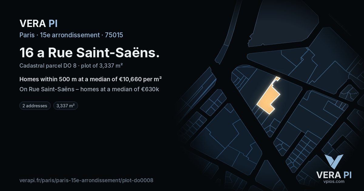 16 a Rue Saint-Saëns, 15e arrondissement at night – the plot lit, the parcels around coloured by the prices near them