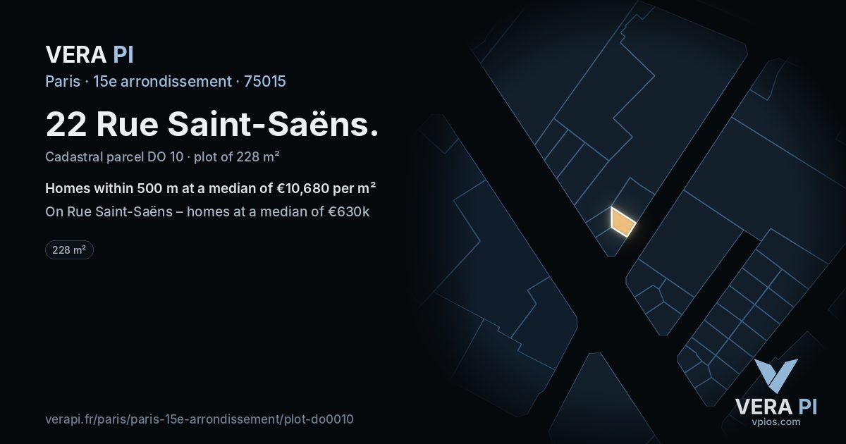 22 Rue Saint-Saëns, 15e arrondissement at night – the plot lit, the parcels around coloured by the prices near them