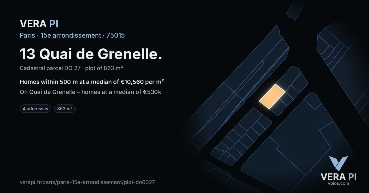 13 Quai de Grenelle, 15e arrondissement at night – the plot lit, the parcels around coloured by the prices near them