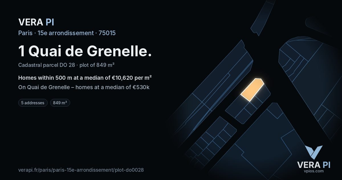 1 Quai de Grenelle, 15e arrondissement at night – the plot lit, the parcels around coloured by the prices near them