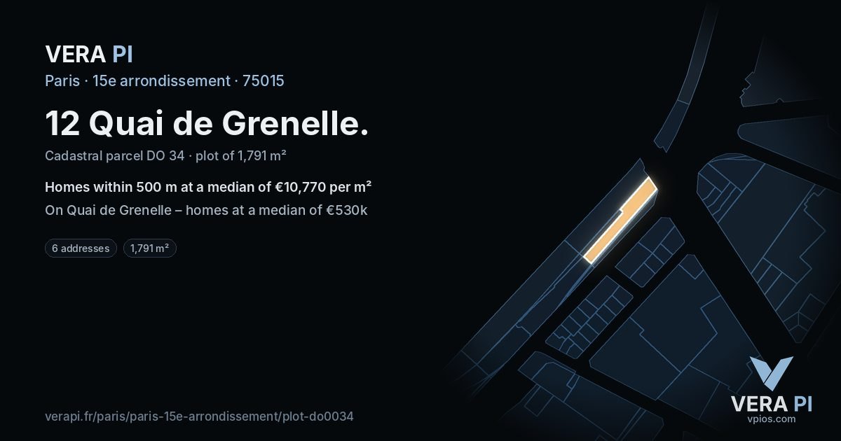 12 Quai de Grenelle, 15e arrondissement at night – the plot lit, the parcels around coloured by the prices near them
