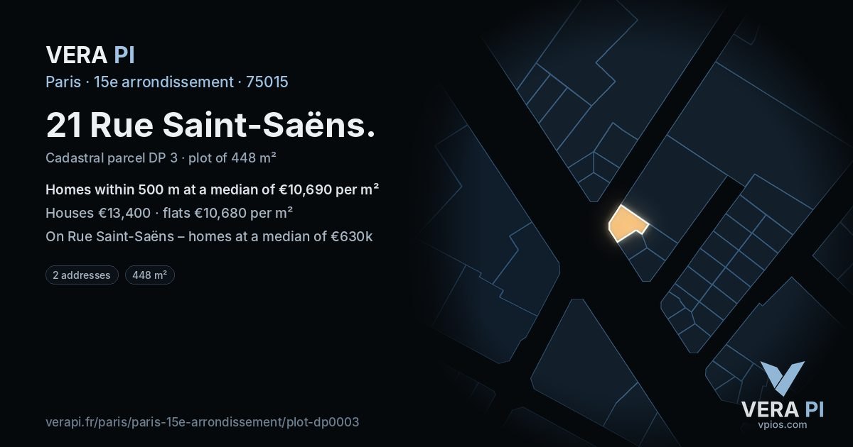 21 Rue Saint-Saëns, 15e arrondissement at night – the plot lit, the parcels around coloured by the prices near them