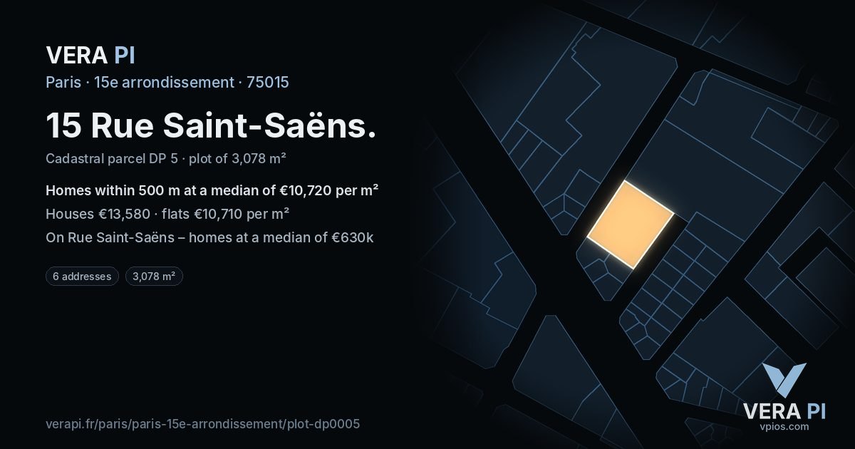 15 Rue Saint-Saëns, 15e arrondissement at night – the plot lit, the parcels around coloured by the prices near them