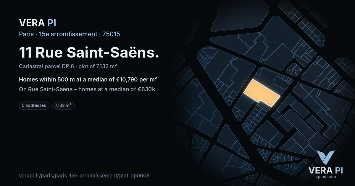 11 Rue Saint-Saëns, 15e arrondissement at night – the plot lit, the parcels around coloured by the prices near them