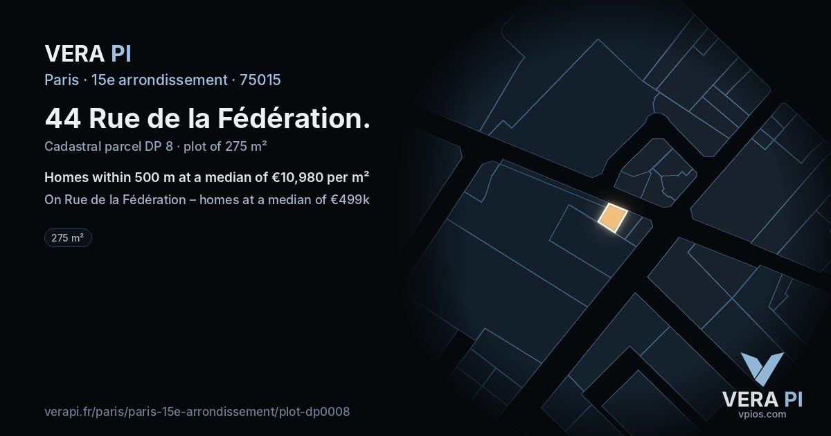 44 Rue de la Fédération, 15e arrondissement at night – the plot lit, the parcels around coloured by the prices near them