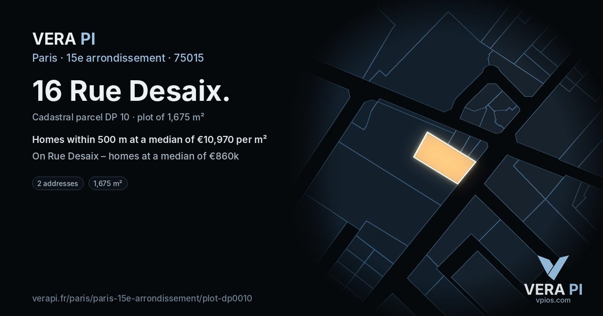 16 Rue Desaix, 15e arrondissement at night – the plot lit, the parcels around coloured by the prices near them