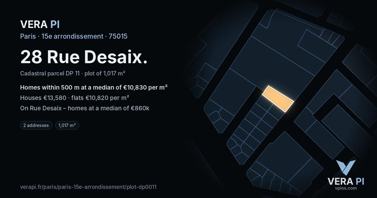28 Rue Desaix, 15e arrondissement at night – the plot lit, the parcels around coloured by the prices near them