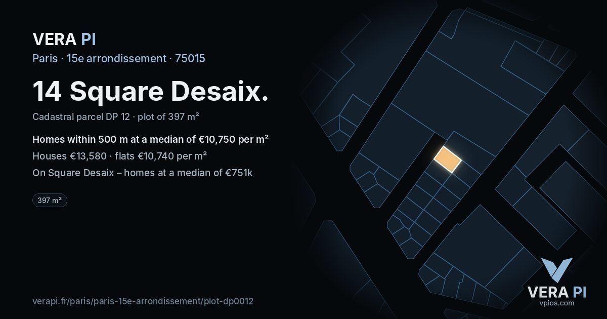 14 Square Desaix, 15e arrondissement at night – the plot lit, the parcels around coloured by the prices near them