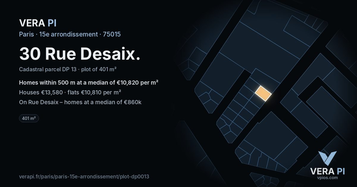 30 Rue Desaix, 15e arrondissement at night – the plot lit, the parcels around coloured by the prices near them