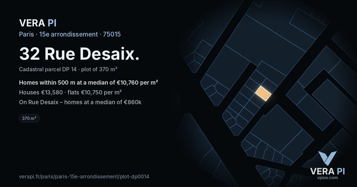 32 Rue Desaix, 15e arrondissement at night – the plot lit, the parcels around coloured by the prices near them