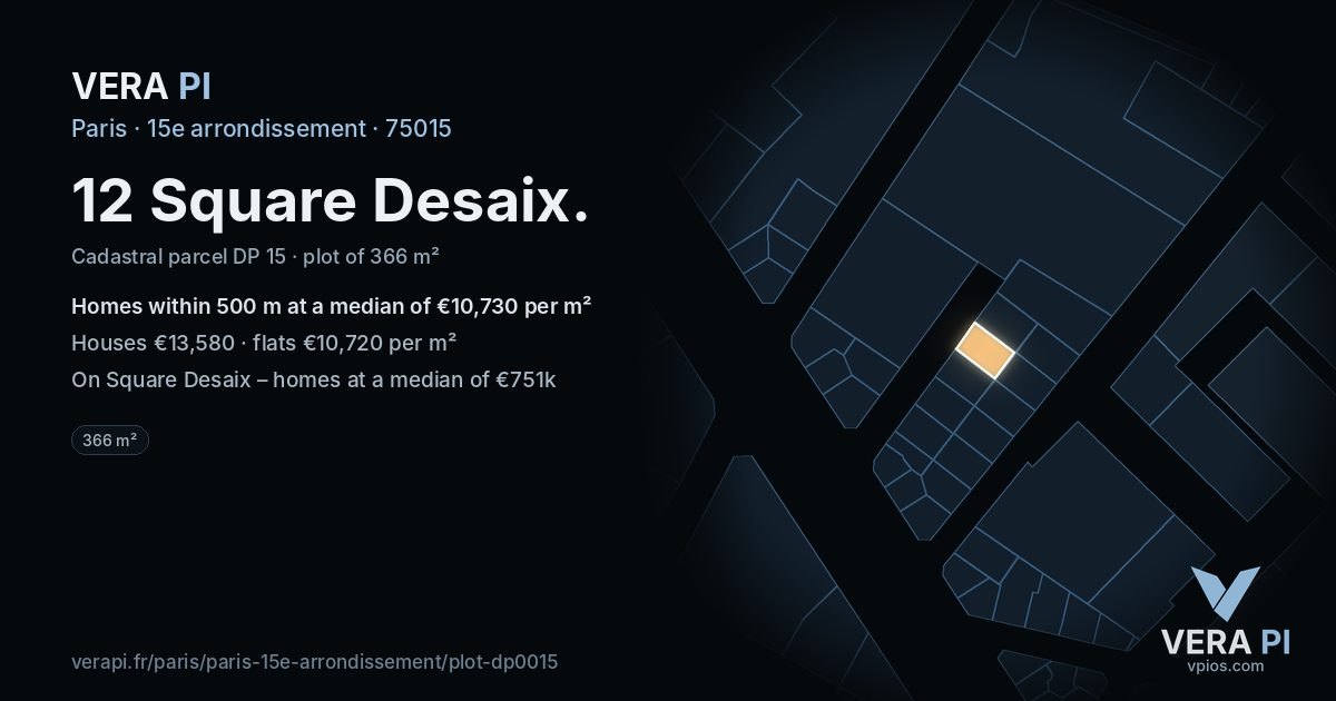 12 Square Desaix, 15e arrondissement at night – the plot lit, the parcels around coloured by the prices near them