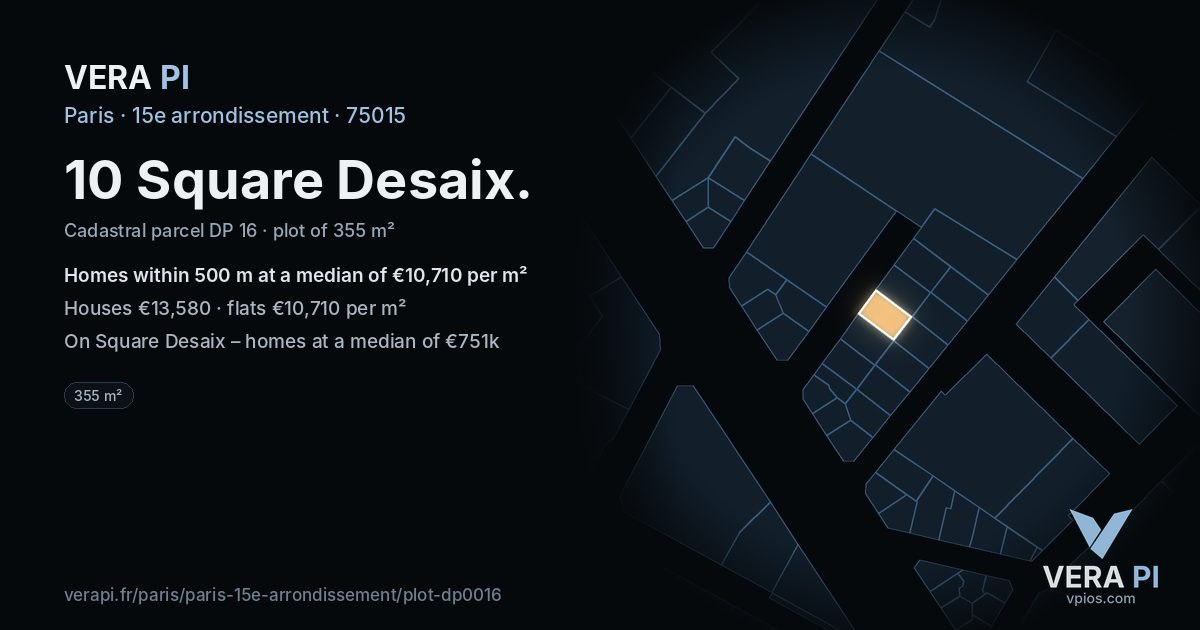 10 Square Desaix, 15e arrondissement at night – the plot lit, the parcels around coloured by the prices near them