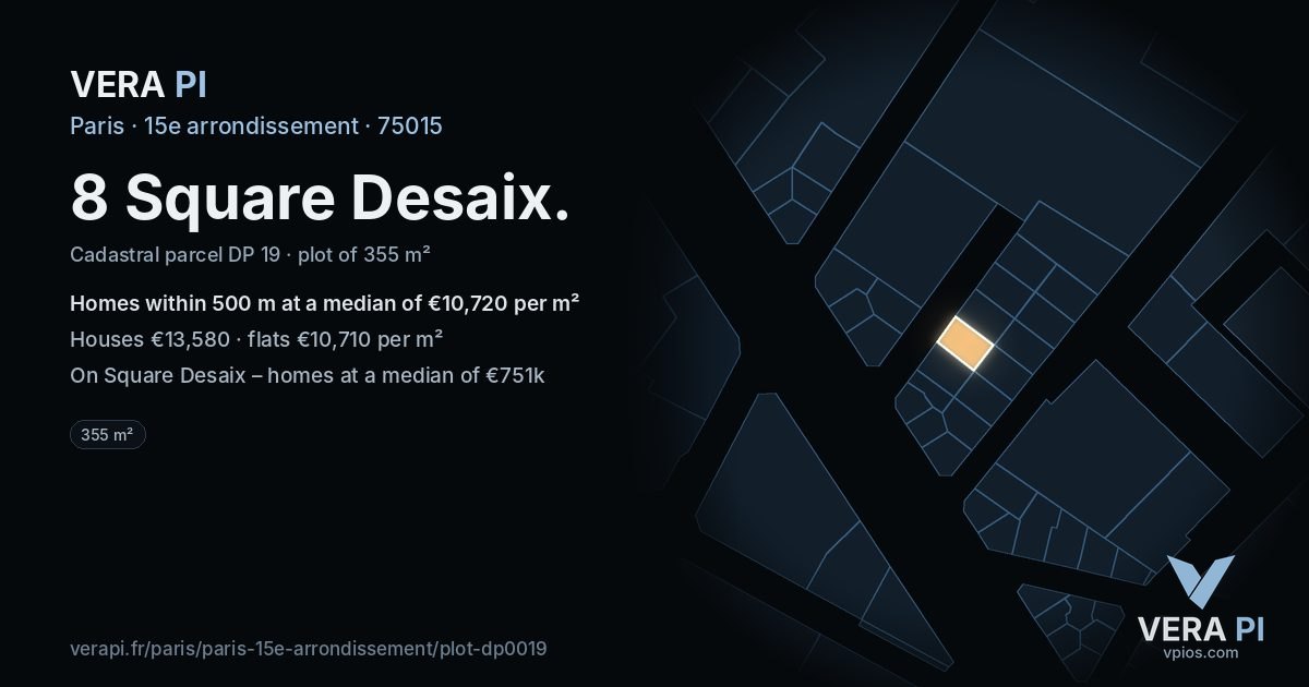 8 Square Desaix, 15e arrondissement at night – the plot lit, the parcels around coloured by the prices near them