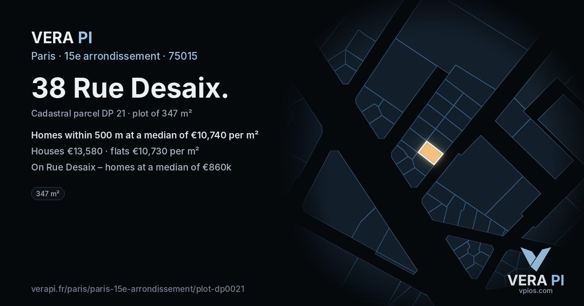 38 Rue Desaix, 15e arrondissement at night – the plot lit, the parcels around coloured by the prices near them