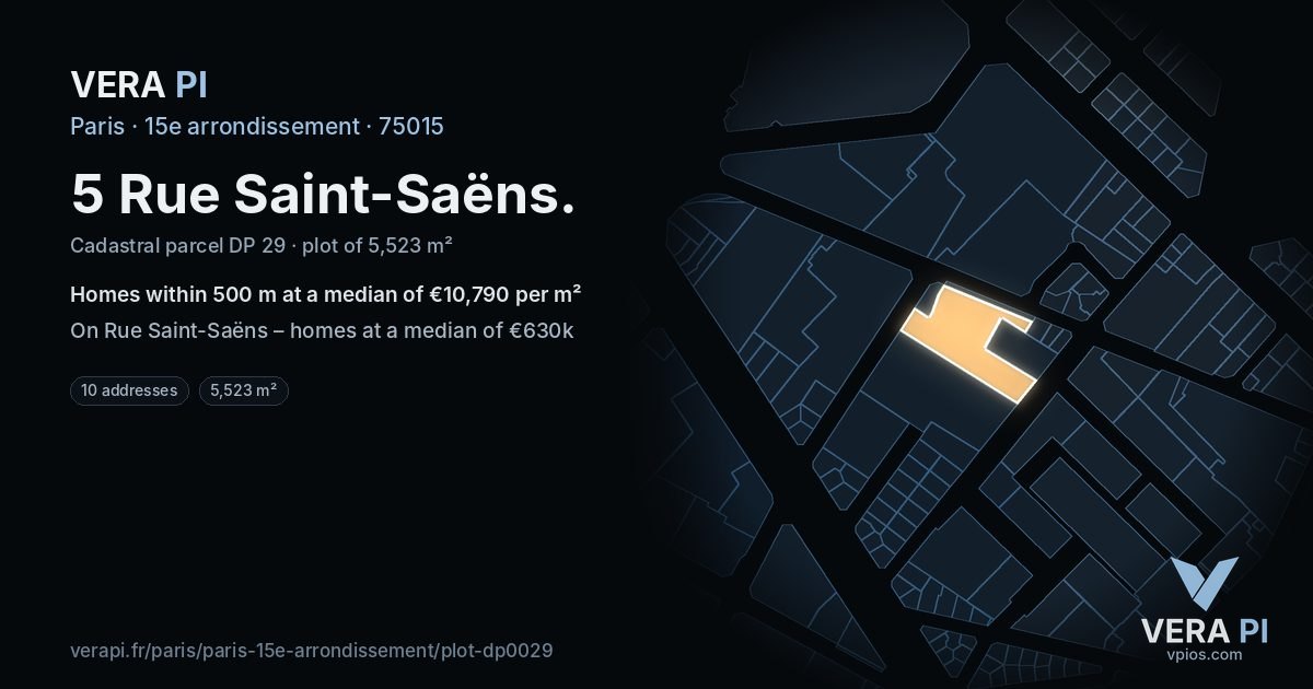 5 Rue Saint-Saëns, 15e arrondissement at night – the plot lit, the parcels around coloured by the prices near them