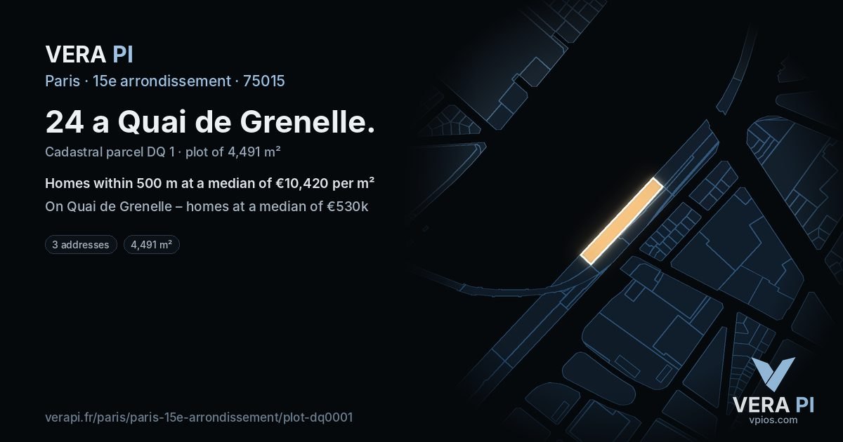 24 a Quai de Grenelle, 15e arrondissement at night – the plot lit, the parcels around coloured by the prices near them
