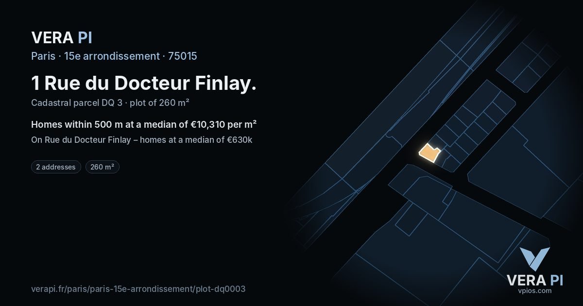 1 Rue du Docteur Finlay, 15e arrondissement at night – the plot lit, the parcels around coloured by the prices near them