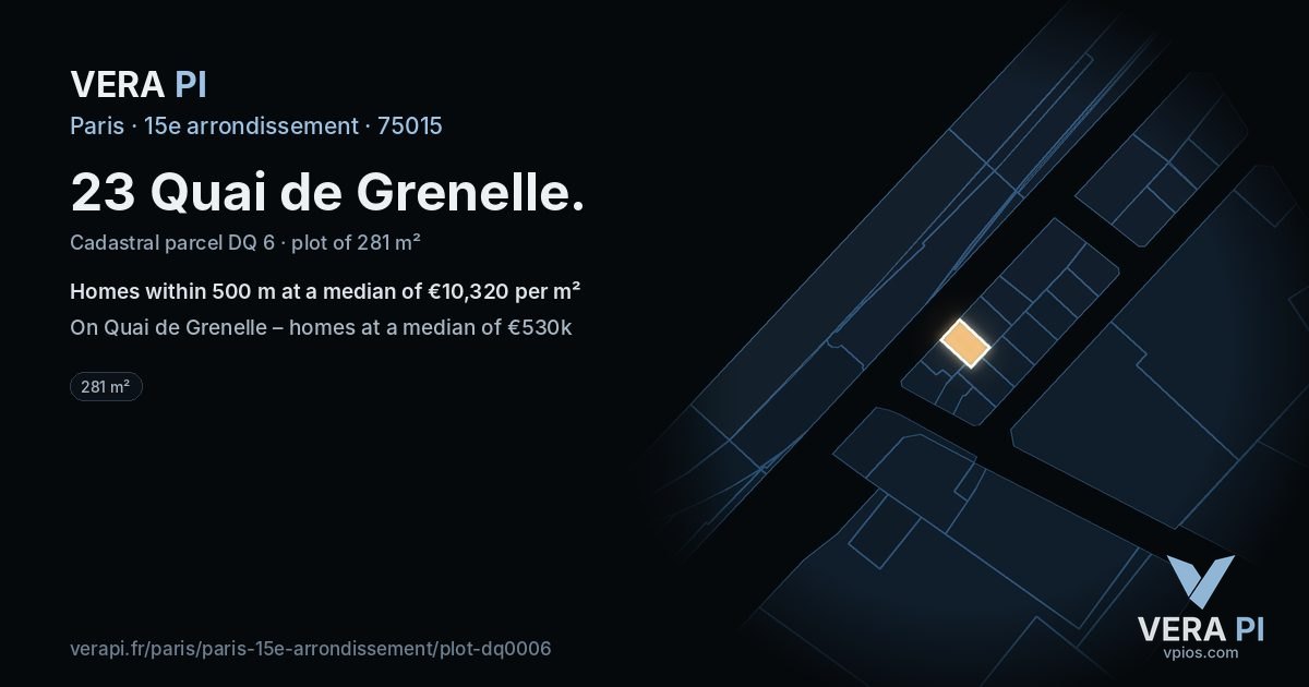 23 Quai de Grenelle, 15e arrondissement at night – the plot lit, the parcels around coloured by the prices near them