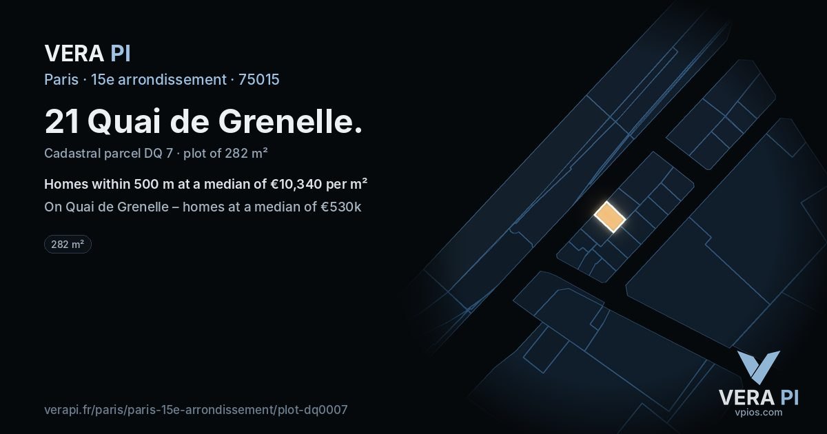 21 Quai de Grenelle, 15e arrondissement at night – the plot lit, the parcels around coloured by the prices near them