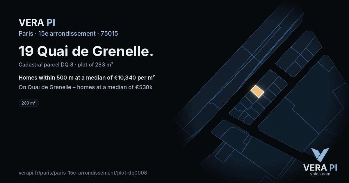 19 Quai de Grenelle, 15e arrondissement at night – the plot lit, the parcels around coloured by the prices near them