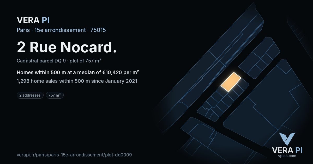 2 Rue Nocard, 15e arrondissement at night – the plot lit, the parcels around coloured by the prices near them
