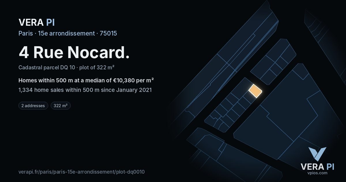 4 Rue Nocard, 15e arrondissement at night – the plot lit, the parcels around coloured by the prices near them