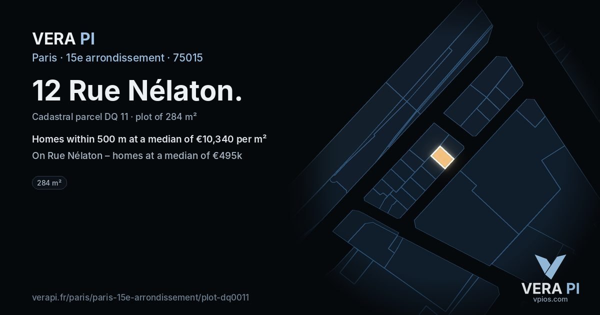 12 Rue Nélaton, 15e arrondissement at night – the plot lit, the parcels around coloured by the prices near them
