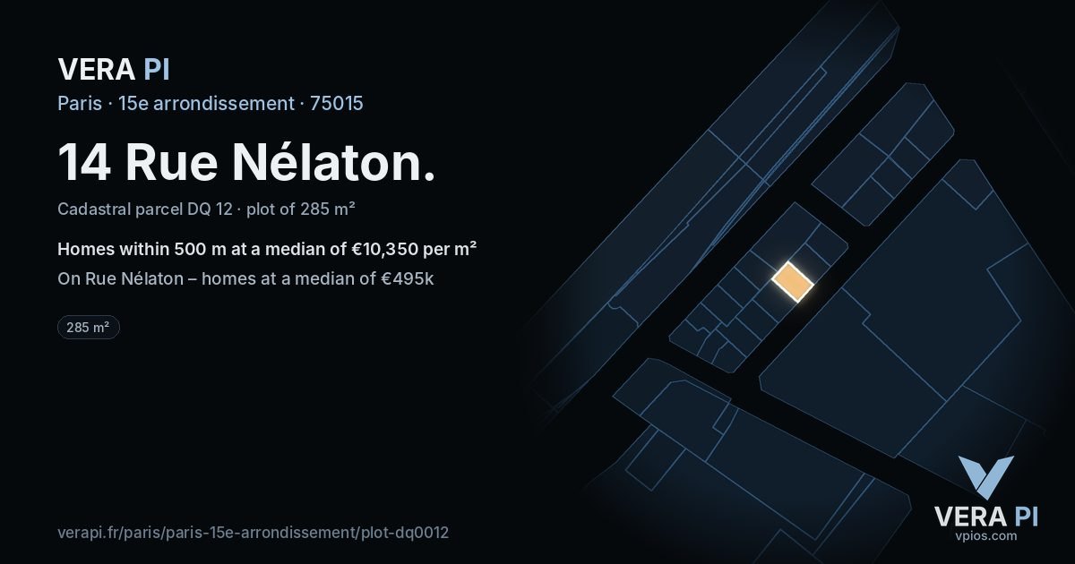 14 Rue Nélaton, 15e arrondissement at night – the plot lit, the parcels around coloured by the prices near them