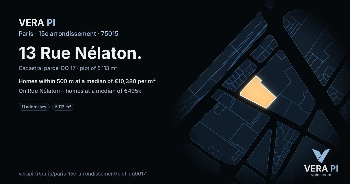 13 Rue Nélaton, 15e arrondissement at night – the plot lit, the parcels around coloured by the prices near them