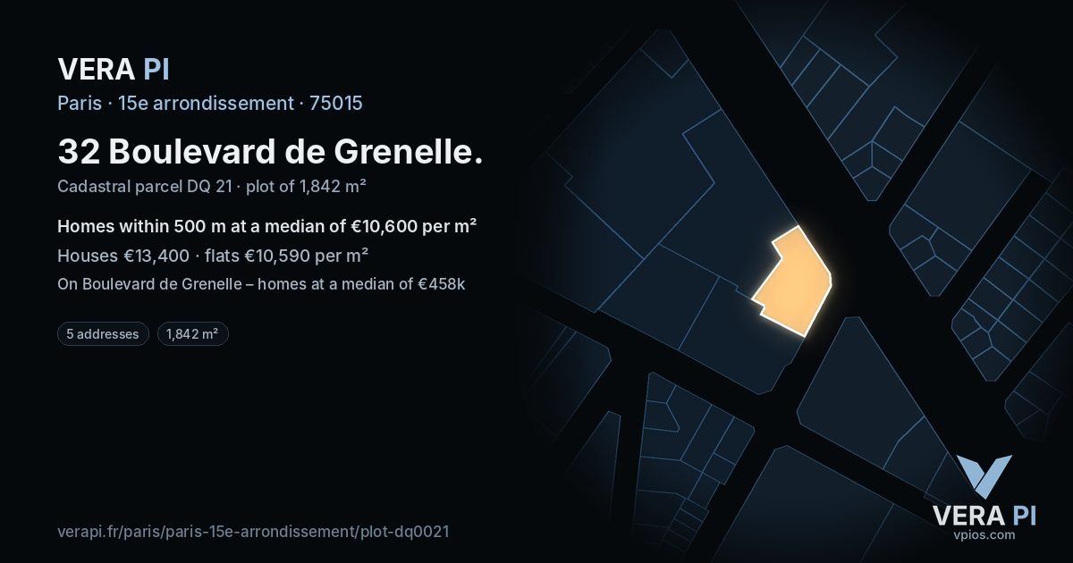 32 Boulevard de Grenelle, 15e arrondissement at night – the plot lit, the parcels around coloured by the prices near them