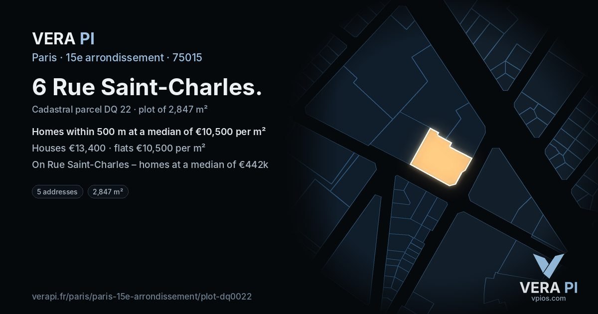 6 Rue Saint-Charles, 15e arrondissement at night – the plot lit, the parcels around coloured by the prices near them