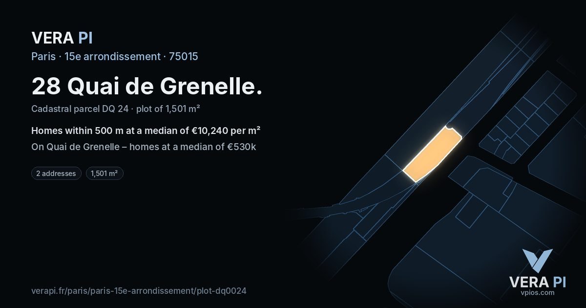 28 Quai de Grenelle, 15e arrondissement at night – the plot lit, the parcels around coloured by the prices near them