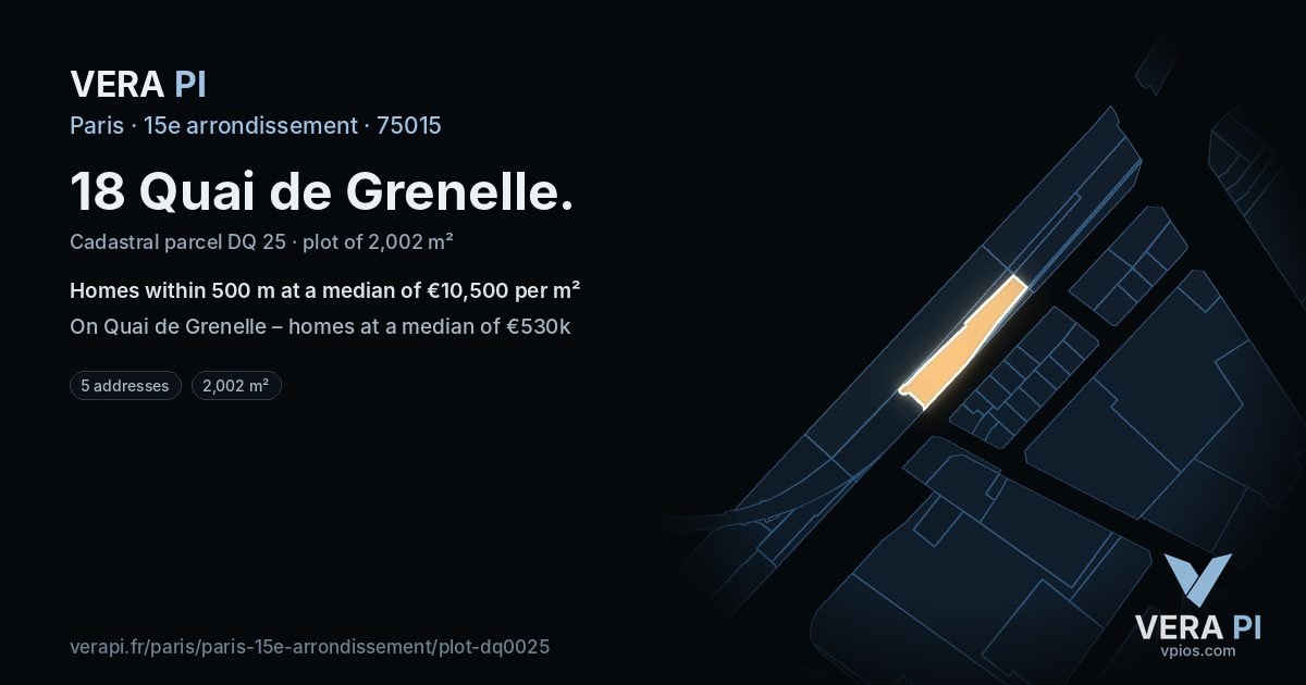 18 Quai de Grenelle, 15e arrondissement at night – the plot lit, the parcels around coloured by the prices near them