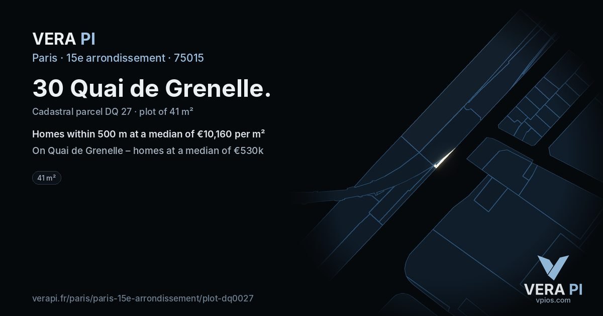 30 Quai de Grenelle, 15e arrondissement at night – the plot lit, the parcels around coloured by the prices near them