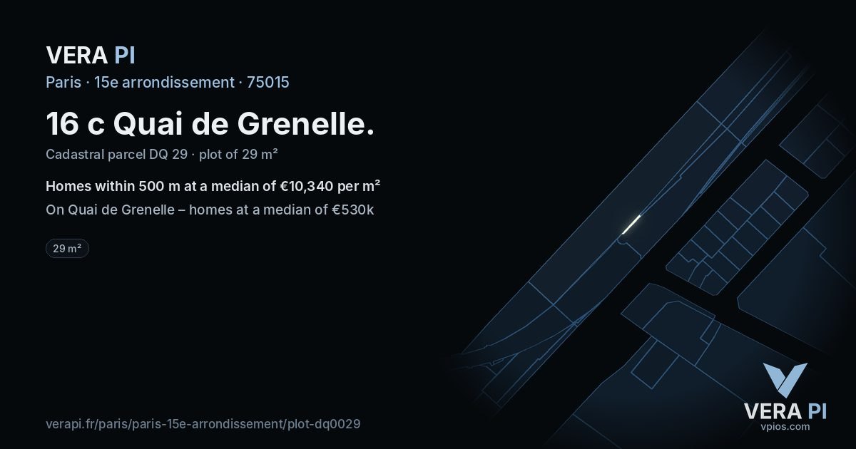 16 c Quai de Grenelle, 15e arrondissement at night – the plot lit, the parcels around coloured by the prices near them