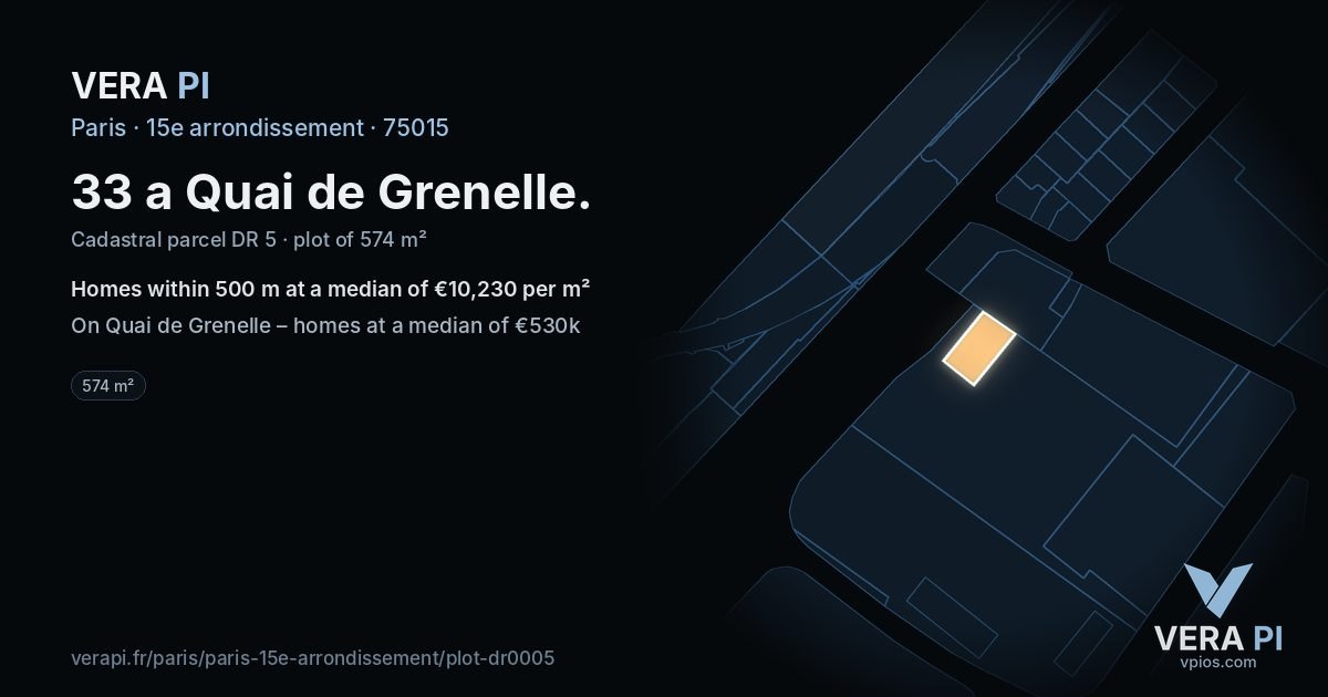 33 a Quai de Grenelle, 15e arrondissement at night – the plot lit, the parcels around coloured by the prices near them