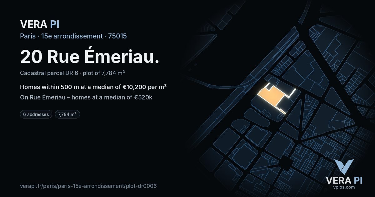 20 Rue Émeriau, 15e arrondissement at night – the plot lit, the parcels around coloured by the prices near them